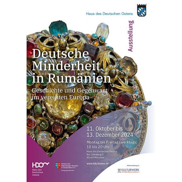Plakat zur Ausstellung "Deutsche Minderheit in Rumänien. Geschichte und Gegenwart im vereinten Europa" 11. Oktober bis 13. Dezember 2024. Montag bis Freitag (werktags) 10 bis 20 Uhr. Haus des Deutschen Ostens. Am Lilienberg 5, 81669 München